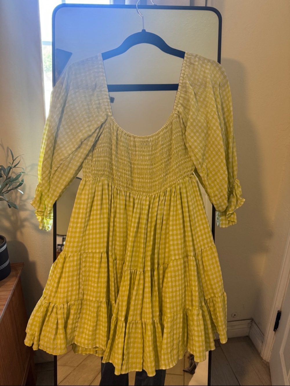 Yellow Gingham Mini Dress with Smocked Bodice